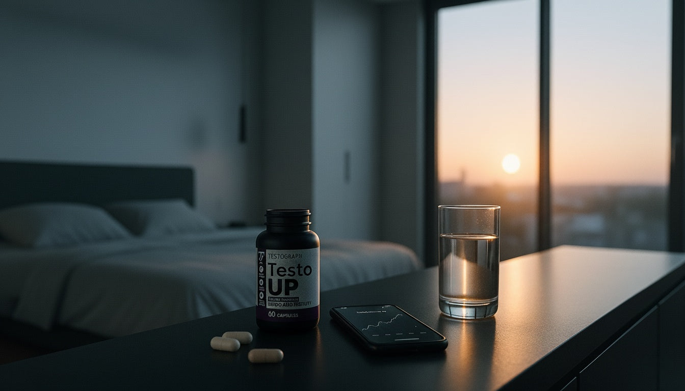 Лайфстайл снимка на Testograph Testo UP, поставена на нощно шкафче до чаша вода и две капсули, с изглед към изгрев слънце в модерна спалня.